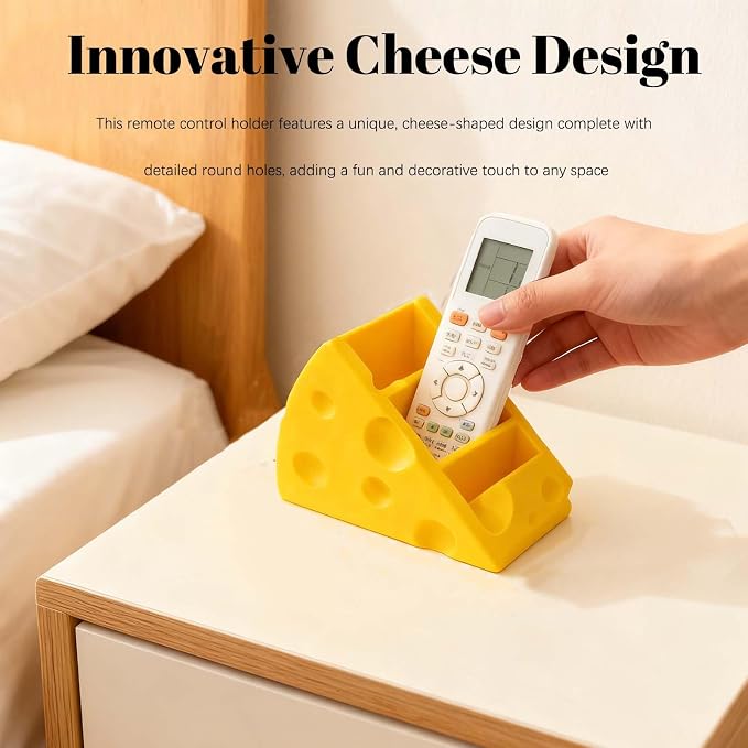 Cheese-Shaped 3D Printed Remote Control Holder with 3 Compartments - Ideal for Home and Office Organization