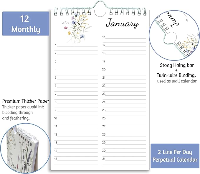 Perpetual Calendar – Undated Calendar 12-Month for Birthday, Anniversaries, Important Days, Festivals Reminder, 6'' x 10'' with 2 Lines Per Days, Twin-wire Binding, Thicker Paper, Minimalist Flowers
