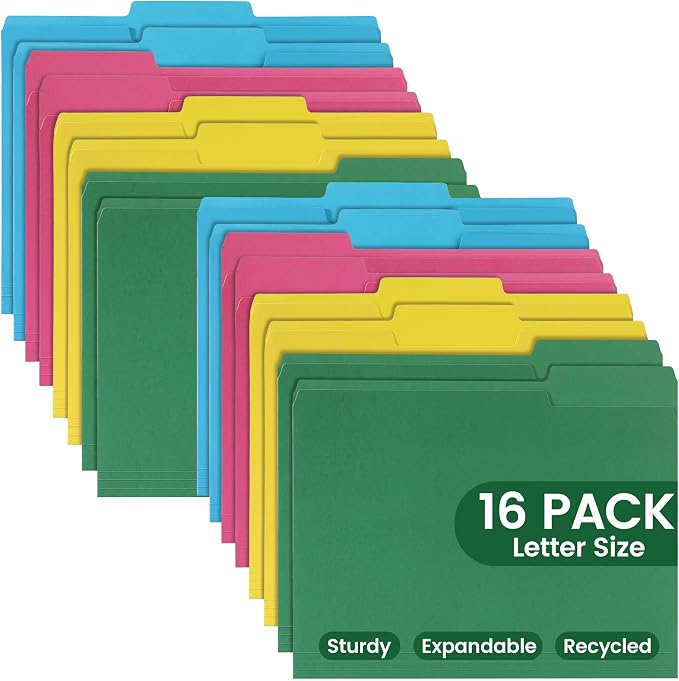 Colored File Folders 16 Packs, Letter Size, 1/3 Cut Tab. Chromatic Manila Folders 8.5 x 11 for Documents, File Folders with Foldable Lines for Easy Storage, Carpetas para Documentos for Office, School