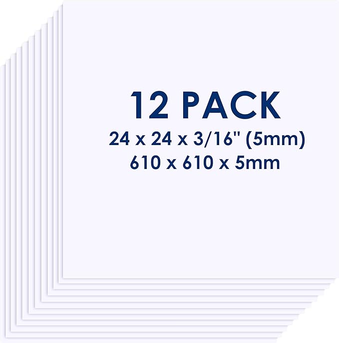 Foam Board 24 x 24 x 3/16" (5mm) - 12 Pack - White Poster Board, Acid Free, Double Sided, Rigid, Sign Board Foamboard for Mounting, Crafts, Paintings Prints, Art, Display, Presentation and Projects
