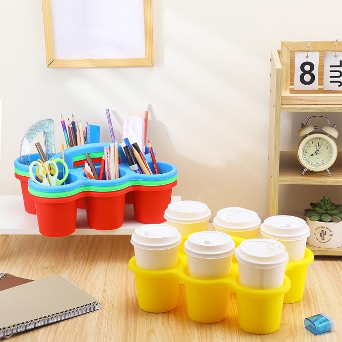 Reallnaive 4 Pack Classroom Caddy Plastic Cup Crayon Pen Holder with Handle, 6-hole Cup Storage Art Caddies Table Organizer for Drink Delivery Pencil Pen School Office Art Crafting (Classic Colors)
