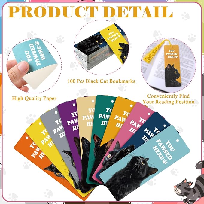 100 Pcs Black Cat Bookmarks with Tassels, Paper Bookmarks Bulk for Cat Mom Lovers Booklovers Back School First Day of School Gift Valentine's Day Classroom Reward for Women Teen Girl