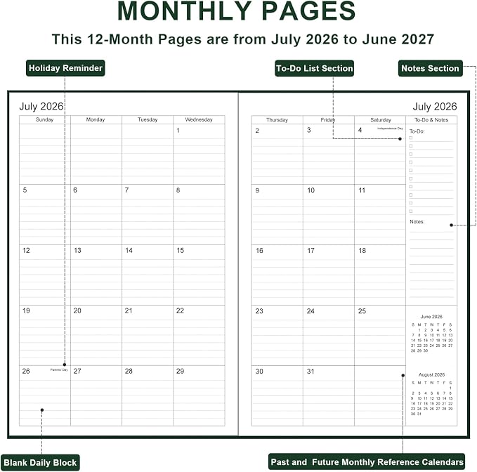 2026-2027 Planner - Weekly & Monthly Planner from July 2026 to June 2027, 5.8'' × 8.3'' Agenda 2026-27 with Inner Pocket, Elastic Band, Hard Cover, Perfect Daily Organizer, Green
