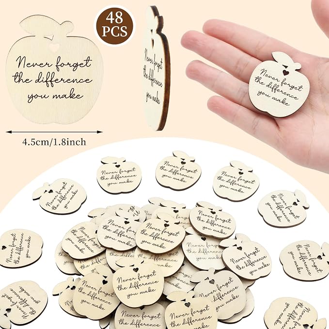 48 Pcs Employee Appreciation Tokens Gifts Bulk Never Forget the Difference You Make Wooden Bookmarks Thank You Tokens Keepsake Craft for Staff Teacher Xmas Party Favors(Apple)