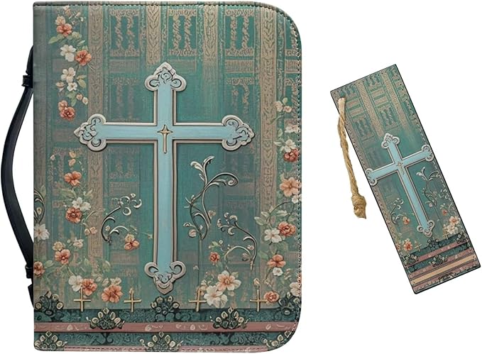 PU Bible Case, Bible Cover for Women Men,Bible Covers with Leather Bookmark Set,Bible Carrying Case,Christian Gift,Boho Flowers and Cross,X-Large