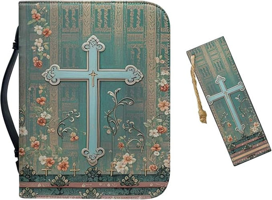 PU Bible Case, Bible Cover for Women Men,Bible Covers with Leather Bookmark Set,Bible Carrying Case,Christian Gift,Boho Flowers and Cross,X-Large