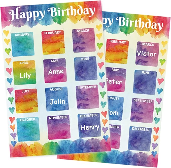 Happy Birthday Chart for Classroom, 2Pcs Birthday Poster Decoration 17’’ x 12’’Watercolor Birthday Calendar Cutouts for School Bulletin Board, Chalkboards, Wall Decor