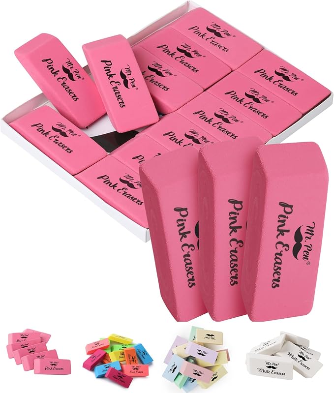 Mr. Pen- Pink Pencil Eraser, 12 Pack, Large Latex Free Block Erasers for School, Office, Art Sketching, Homework, Exams, Clean Smudge-Free Correction
