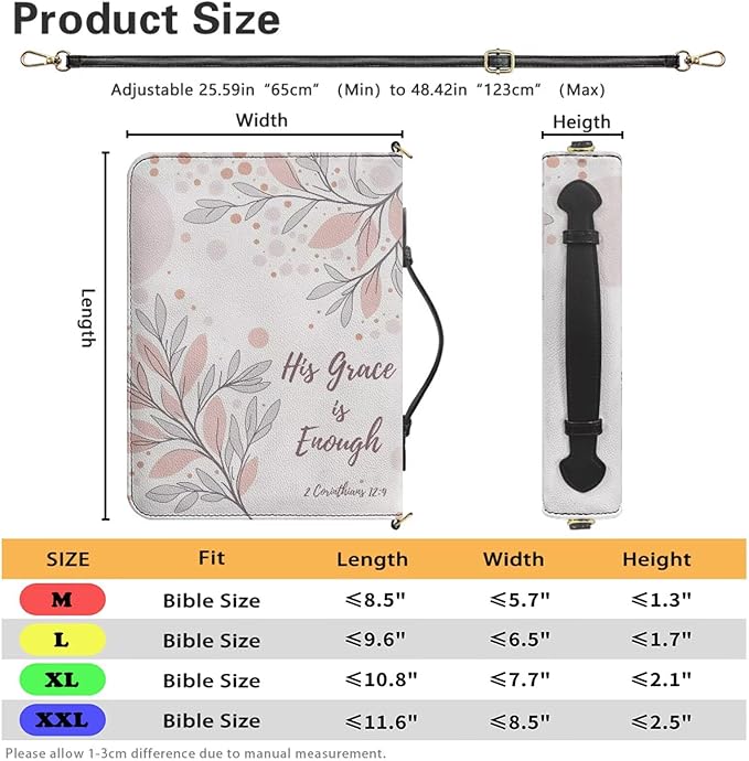 Aesthetic Bible Cover Case for Girls Gray, Medium Bible Covers with Strap and Handle, II Corinthians 12:9 Book Organizer with Inner Pockets and Pen Loop, Biblia Study Supplies for Girls
