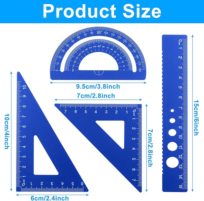 4 Pcs Triangular Ruler Set, Aluminum Alloy Geometry Tools, Metal Drafting Ruler for Students, Draftsmen, Engineers, School Office Supplies with Protractor & Metric Scales (Blue)