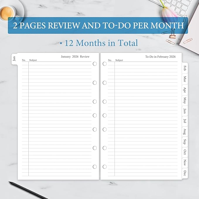 2026 Monthly Planner Refill, A5 Size Planner Inserts for 7 Ring, 5.5" x 8.5", Jan. 2026 - Dec. 2026, 12 Monthly Calendars with Laminated Tabs, 7-Hole Punched