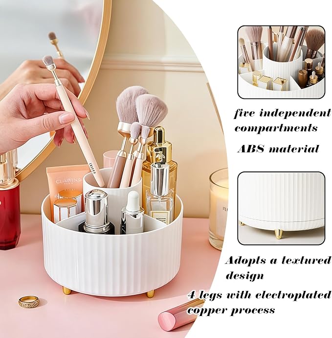Pencil Holder with 360-degree Rotation, Desk, Office, and Home Pen Stand, Cute Pen Holder with 5 slots, Office Decor Accessory, Workspace Organizer, white