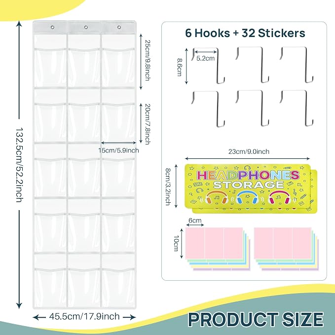 [2-Pack] Classroom Headphone Storage Organizer - 30 Pockets Over The Door Hanging Chart | Durable Headset Holder for Teachers | Clear PVC Pockets | School Supplies & Cell Phone/Calculator Storage
