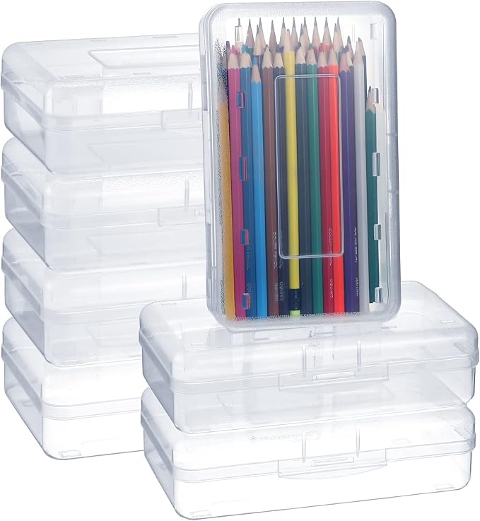 Leelosp 12 Pack Clear Pencil Boxes for School Bulk, Large Plastic Pencil Case with Lid, Stackable Hard Crayon Storage Box for Classroom Kids, Desk Drawer Organizer for Office Home(Clear)