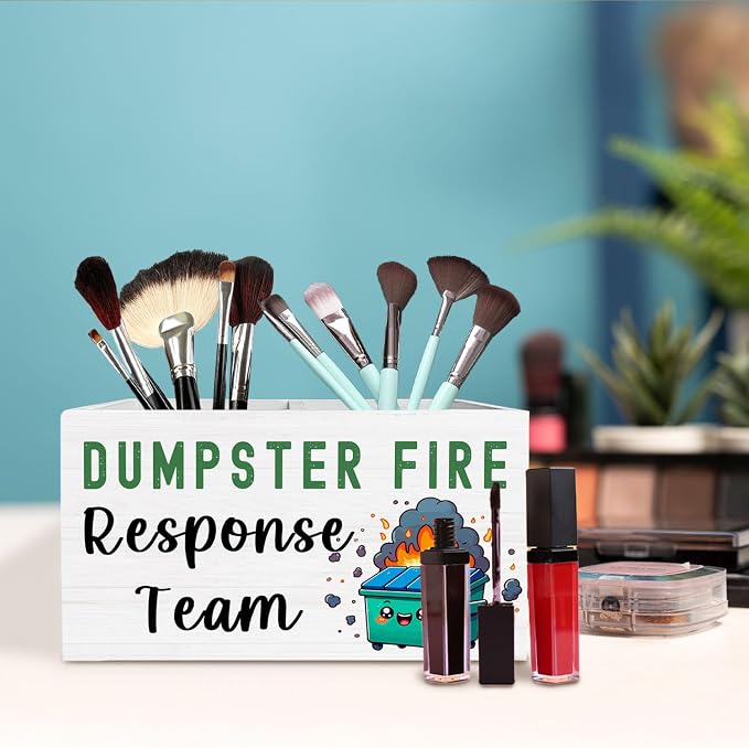 Funny Dumpster Fire Pen Holder for Desk, Dumpster Fire Response Team Wooden Box Sign Desk Decor for Home Office Decoration, Sarcastic Gifts for Coworkers Pencil Organizer
