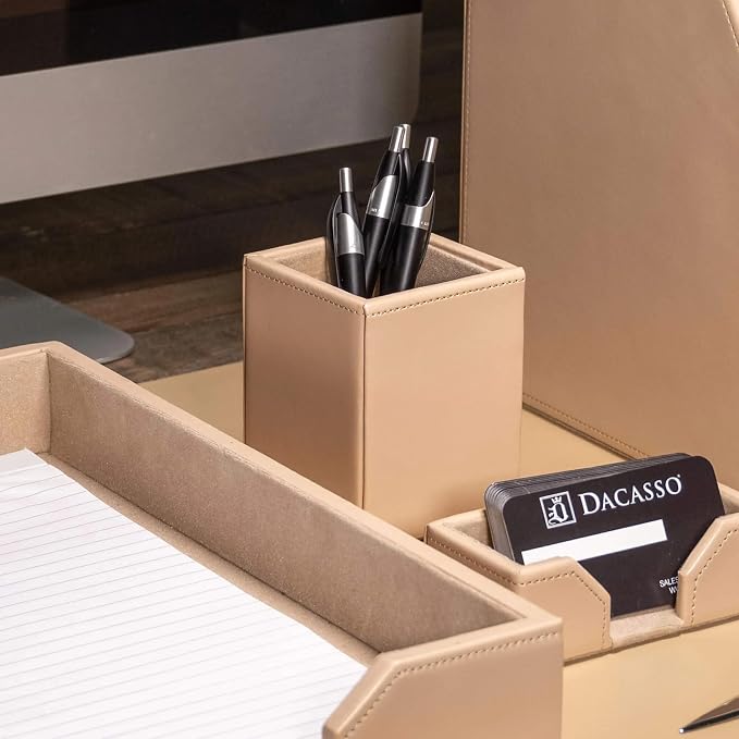 DACASSO Bonded Leather Pencil Cup - Luxury Cup Storage For Pens, Pencils, & Office Accessories - Elegant Pen Organizer & Executive Desk Decor - (White Latte)