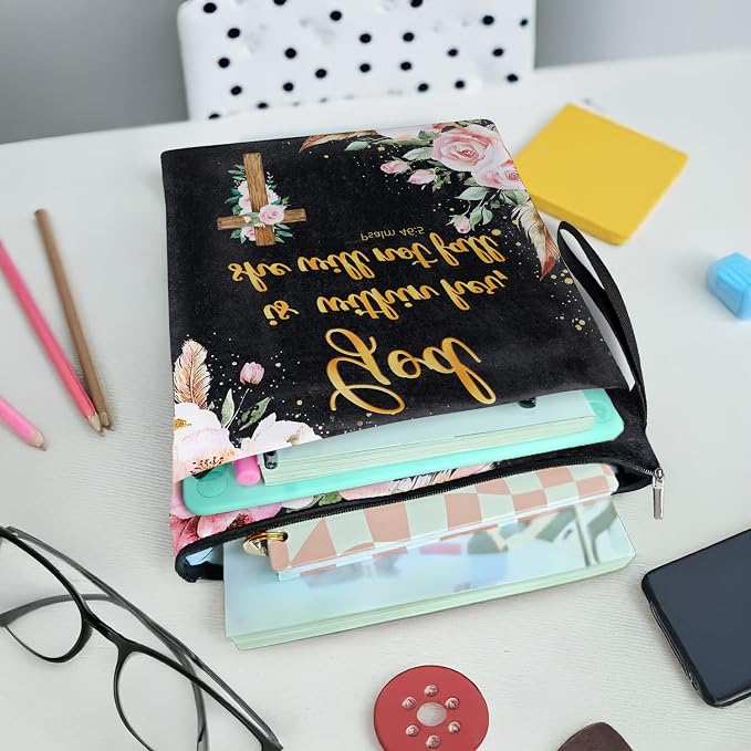 Christian Bible Verse Book Cover, Waterproof Book Sleeve with Zippered Front Pocket Retro Flowers Book Pouch for Book Lovers, Christmas, Birthday, Graduation Gifts (Black-GOD, Large)