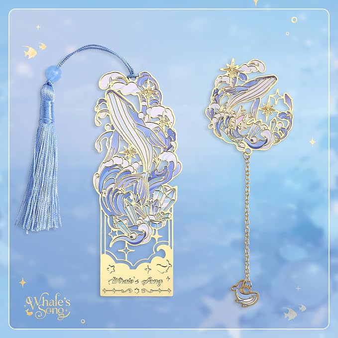 2 Pcs Metal Bookmark Gift Box, Golden Hollow Bookmarks Ocean Painting Theme Book Mark for Women, Book Lovers Writers Readers and Teens, Perfect for Birthday and Graduation Gifts(Blue)