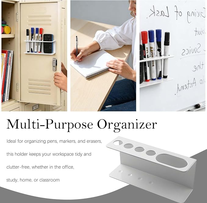 Magnetic Pen and Marker Holder - No Drilling, Easy to Install, Aluminum Multi-Purpose Organizer for Whiteboard, Refrigerator, Locker, and Desk