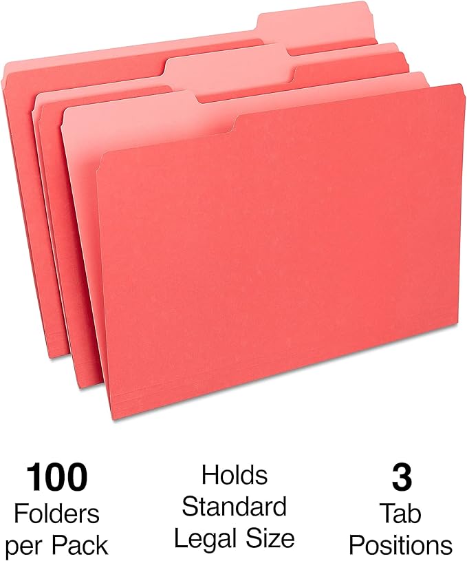 Staples File Folders, Legal Size, 1/3‑Cut Tabs, Red, Durable Paper Stock, 200/Carton