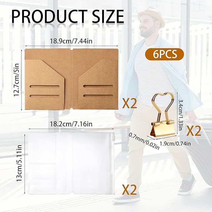 6PCS Travelers Notebook Insert (Passport Size), 2PCS Kraft Paper Folder & 2PCS Zipper Pouch with 2PCS Metal Clips, Journaling Supplies & Notebook Inserts for Passport Size Travelers Notebook Binder