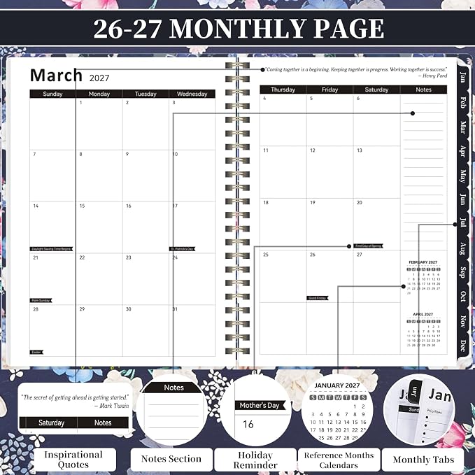 2026-2027 Planner, 12 Months Monthly & Weekly Daily Planner July 2026 - June 2027, 8.5" x 6.2" Hardcover Agenda Organizer with Tabs, Spiral Bound Calendar Notebook for School Work Home, Floral Design (Blue & Floral)