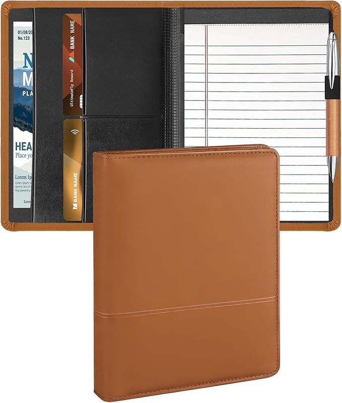 Padfolio Binder A5 Document Organizer with Refillable Lined Notepad, Junior Size Folder Portfolio for Men Women,Brown