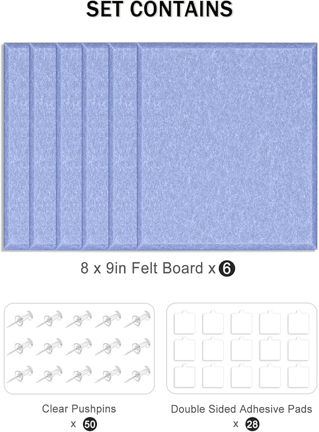 Hsurbtra Cork Board for Wall 24 x 18 Inch, 6 Pack Felt Bulletin Notice Board with Pushpins for Office Home School Farmhouse Wall Decor, Blue