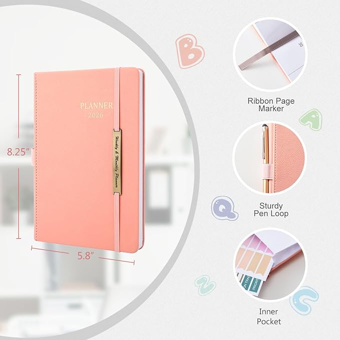 Tiankool Planner 2026, Jan 2026 - Dec 2026 Weekly Monthly Planner with Stickers, Elastic Closure, Inner Pocket, Round Corner, 5.8" x 8.25" - Pink