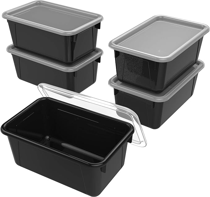Storex Small Cubby Bins – Plastic Storage Containers for Classroom with Non-Snap Lid, 12.2 x 7.8 x 5.1 inches, Black, 5-Pack (62463U05C)