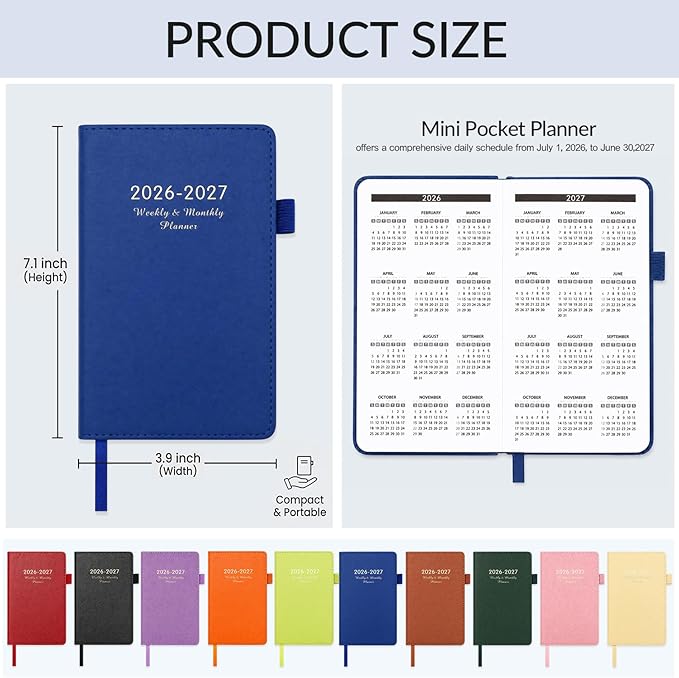 Chiisong 10 Pcs Pocket Planner 2026-2027 Bulk, Weekly Monthly Planners for Purse, July 2026-June 2027, 7.1x3.9'' Small Daily Academic Calendar, Elastic Band Hardcover Agenda Teacher Employee, 10 Color