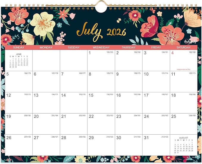 Calendar 2026-2027 - Wall Calendar 2026-2027, Jul. 2026 - Dec. 2027, 15" x 11.5", 18 Monthly Wall Calendars, Twin-Wire Binding + Hanging Hook + Thick Paper + Julian Dates - Floral