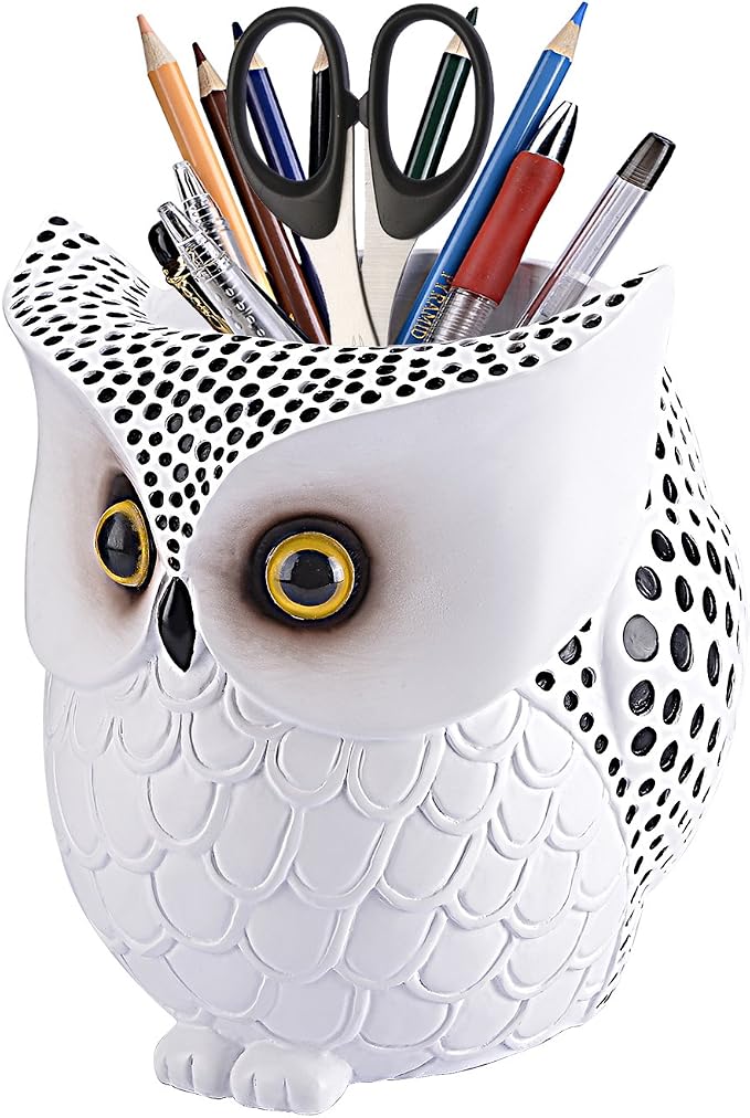 Owl Pen Holder, Owl Pen Pencil Container Carving Brush Pot Brush Holder Desk Organizer Decoration,Luxury Gift and Exquisite Handicraft (White:Owl)