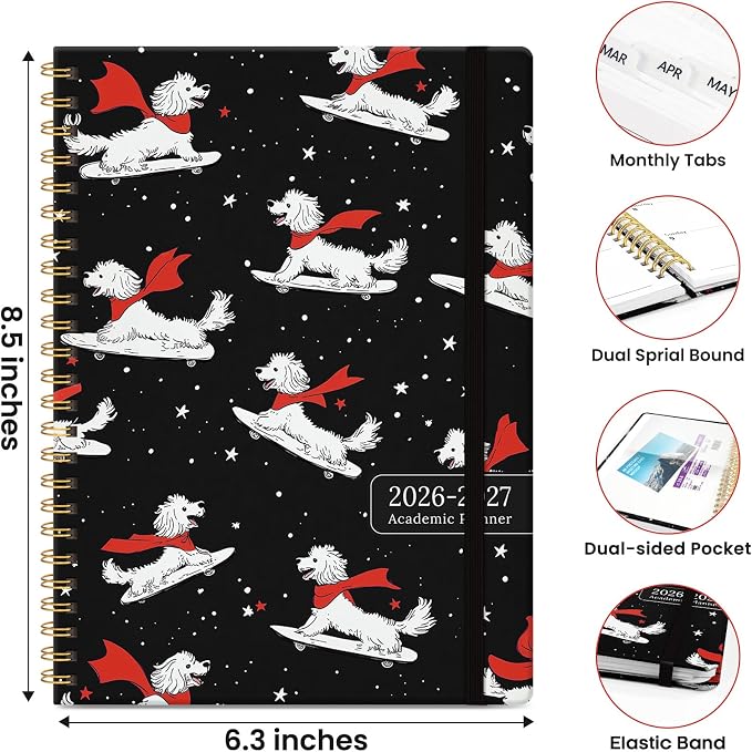 Planner 2026-2027, Monthly and Weekly Academic Planner July 2026 - June 2027, Hardcover Student Teacher Planning Agenda Calendar Book with Tabs, Perfect for Office School Supplies, A5 (6.3" x 8.5") - Skate Pup