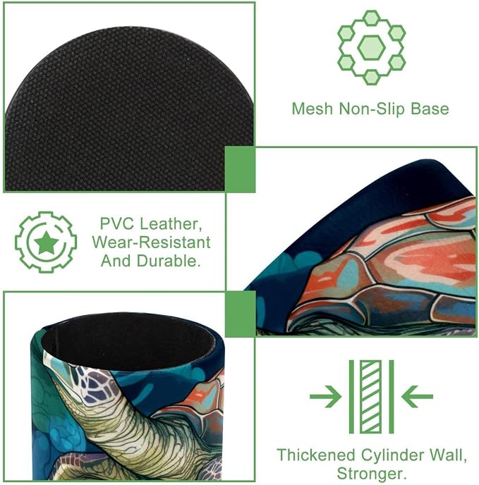 Pen Holder for Desk, Sealife Turtle Leather Round Pencil Cup Stationery Supplies Holder, Large Capacity Makeup Brush Holder for Home, Office