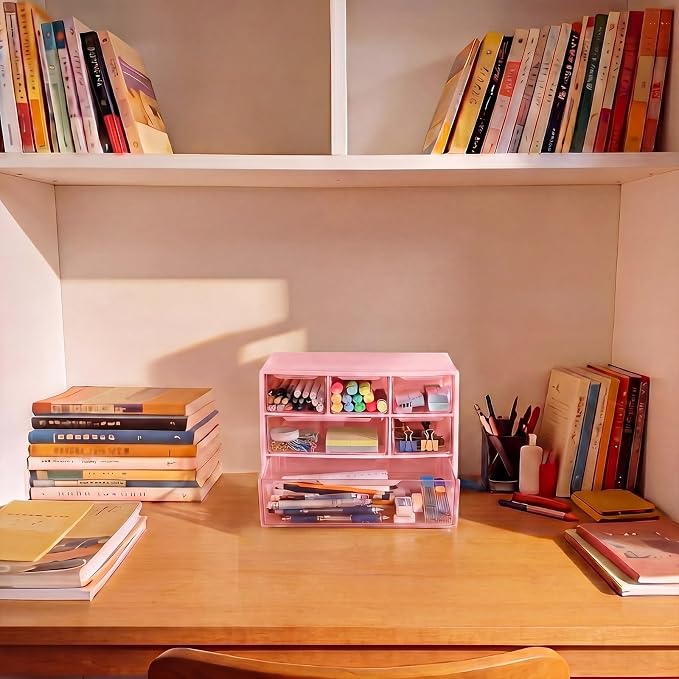 Briwooody 6 Pack Desk Storage Organizer with 6 Drawers 3 Tier Stackable Desktop Storage Box Drawers 7.1''x3.9''x4.7 ''plastic Craft Organizer Drawer for Stationery Makeup Office School(Pink)