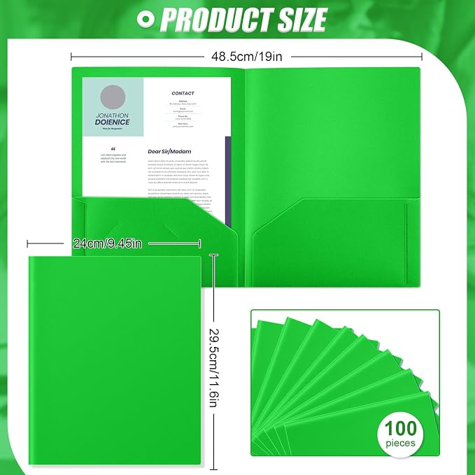Gueevin 100 Pack Plastic Folder with Pockets, 2 Pocket Folders, Plastic Glossy Folders Fit Letter Size Paper, Heavy Duty Durable File Folder with Business Card for Home Office School (Fresh Green)