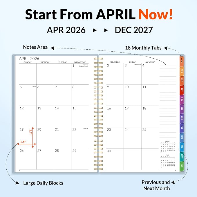 SUNEE Monthly Planner 2026-2027 - 18 Months Calendar Planner from Jul 2026 to Dec 2027, 7"x10" Yearly Planner with Tabs, Spiral Binding, Organizer for School Office Home, Gray Blue