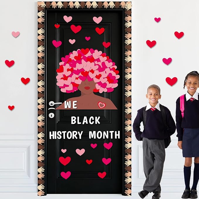 Black History Month Classroom Door Decorations We Love Black History Month Bulletin Board Set February Pink Red Heart Paper Cutouts for Valentine's Day Door Wall Chalkboard School Home Decor