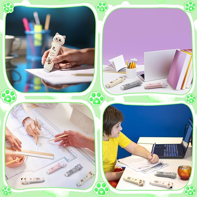 Benvo 4 Pcs Sliding Retractable Pencil Erasers with Cute Cat Plastic Sleeve Kawaii Erasers for School Home Office Clean Erase Rubber(4 Colors)
