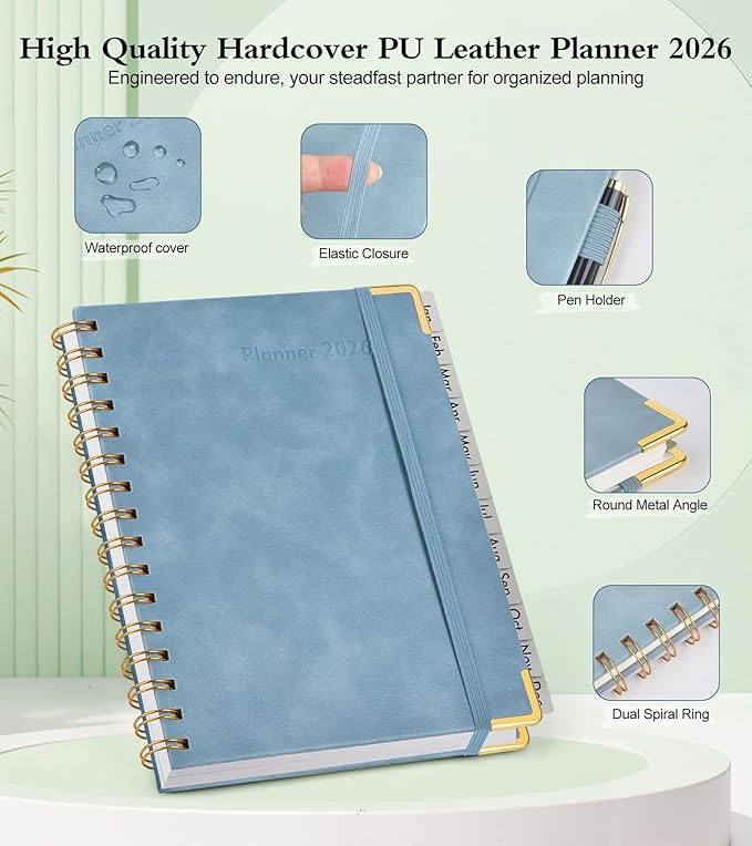 2026 Planner, Hardcover Leather Weekly and Monthly Planner, January 2026 - December 2026, Spiral Yearly Agenda Organizer Book 2026 with Tabs, Daily Calendar Planners for School Work Home, A5 (5.75" x 8.38"), Blue