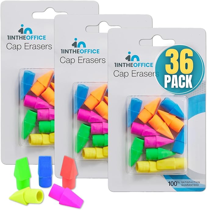 1InTheOffice Pencil Cap Erasers, Assorted Colors, Arrowhead Caps Tops Eraser, Eraser Cap for Art, Pencil Cap Set, 12 Pack (Assorted Colors, 36 Pack)