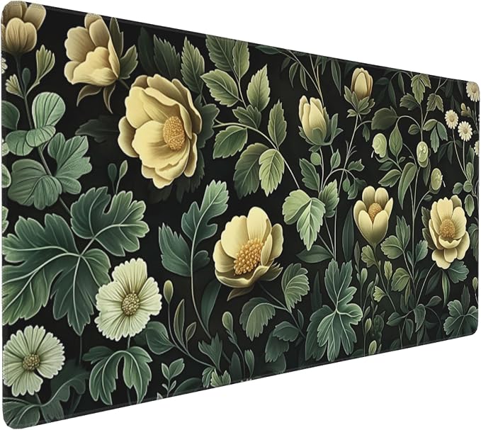 35.4" x 15.7" Dark Botanical Floral Extended Mouse Pad, Vintage Yellow Flower & Green Leaf Desk Mat with Non-Slip Base, Water Resistant for Gaming & Office