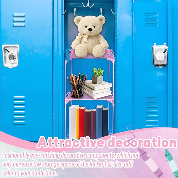 Locker Organizer Shelf Pink Stackable Extra Locker Shelf Storage Cabinet Accessories for Back to School Office Gym Home Supplies