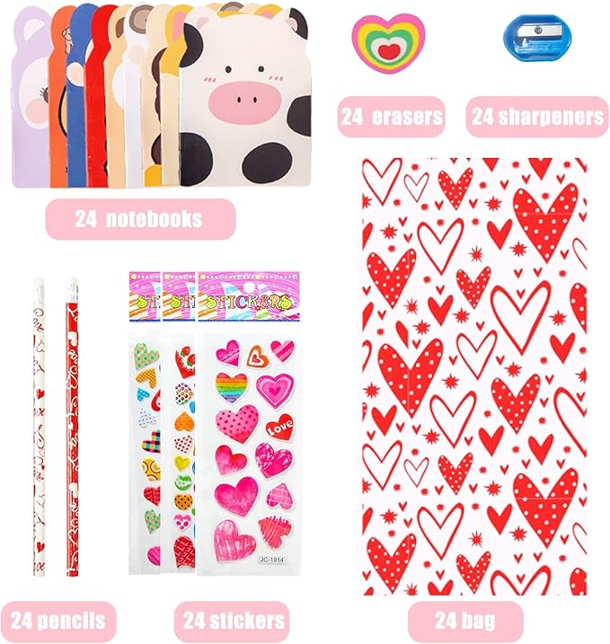 24 Pack Valentines Day Cards Stationery Set Includes Card,Pencils,Sharpener, Erasers,Notebook and Stickers for Classroom Exchange Party Favors Supplies ﻿