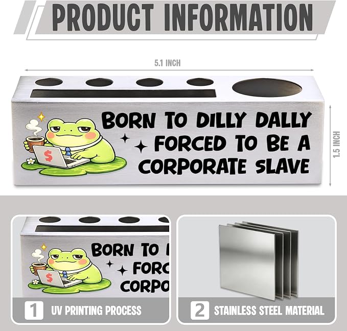 FOKCBOCM Funny Office Pen Holder with Frog Design, Stainless Steel Desk Organizer Gift for Coworker, Sarcastic Corporate Humor Workspace Decor, Work Life Joke Desk Accessory-DS115