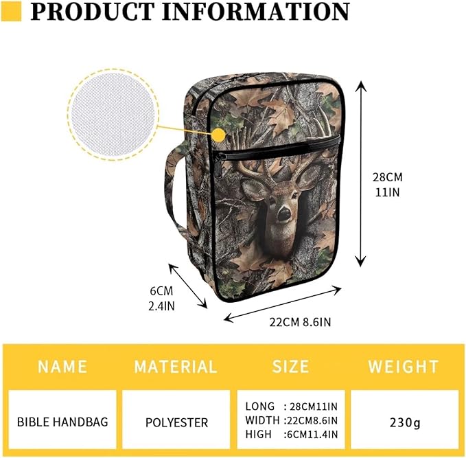 Suobstales Deer Camo Print Bible Cover Carrying Book Case for Women Men Lightweight Bible Bag Bible Protective with Handle and Zippered Pocket