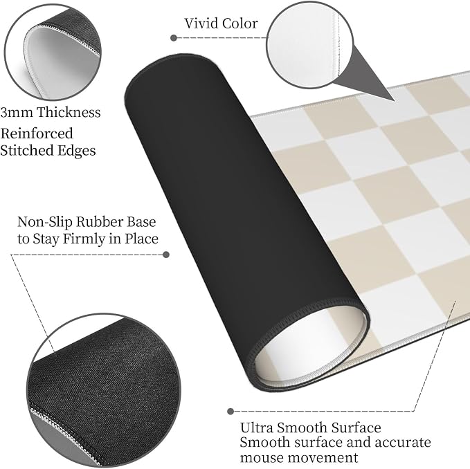 Beige Checkered Aesthetic Gaming Mouse Pad, Large Mouse Pad for Desk Mat XXL XL Mousepad, Big Keyboard Pad Office Desk Accessories Decor