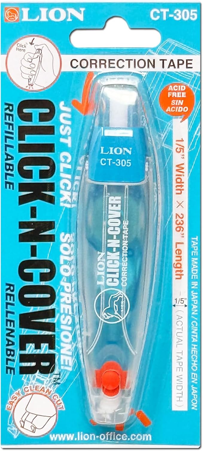 LION CLICK-N-COVER Refillable Correction Tape, Retractable Tip, 1/5" wide and 236" long, Acid-Free, 1 ea. (CT-305)