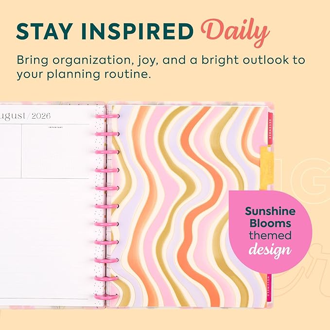 Happy Planner Disc-Bound Planner July 2026–June 2027, Includes 3 Extra Months and 2 Sticker Sheets, Big Size, 8.5" x 11", Horizontal Layout, Sunshine Blooms